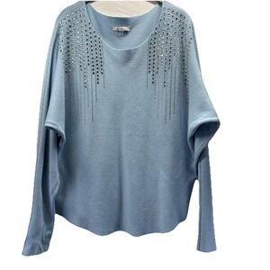 Vila Milano Womens  Rhinestone Sweater Size Large Solid Blue Dolman Sleeves Knit